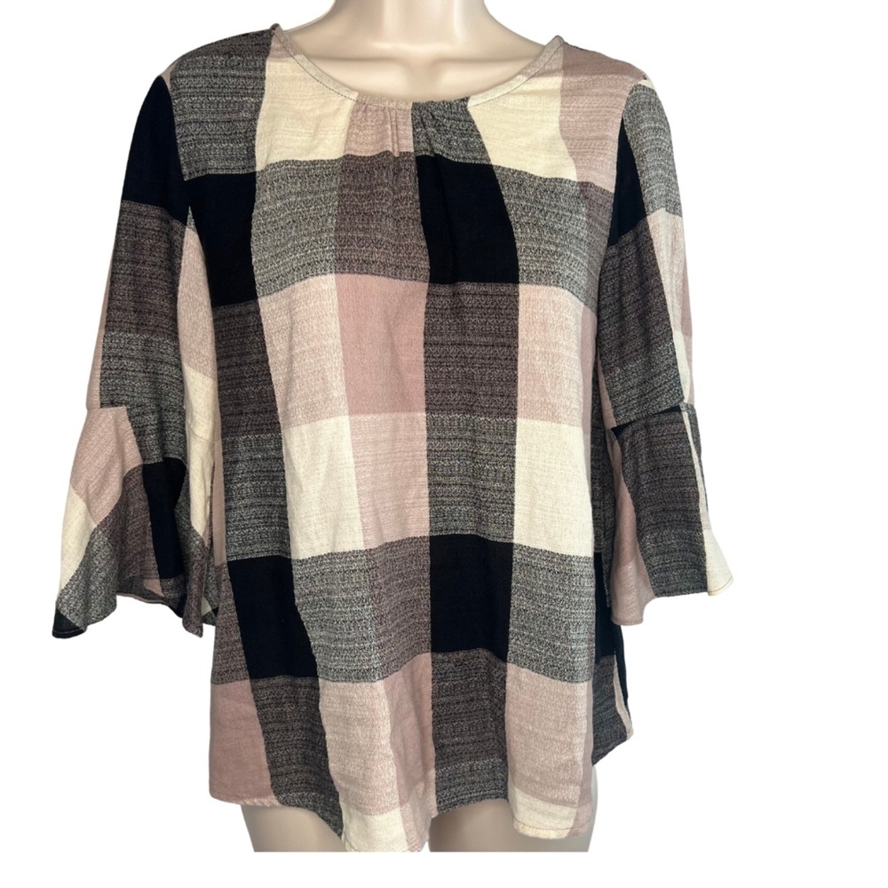 Ro & De Buffalo Plaid Bell Sleeve Soft Preppy Casual Blouse Size XS